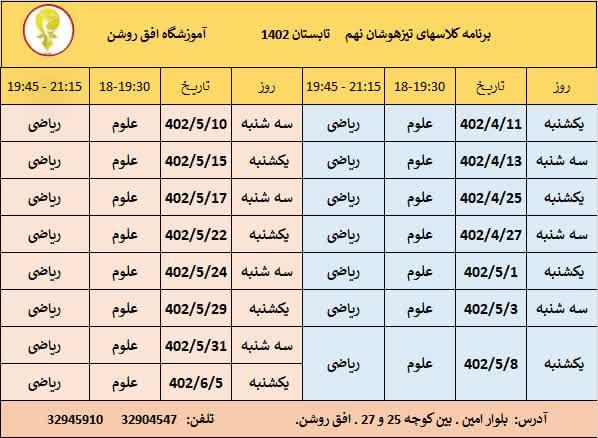 برنامه کلاس های تیزهوشان پایه نهم تابستان ۱۴۰۲